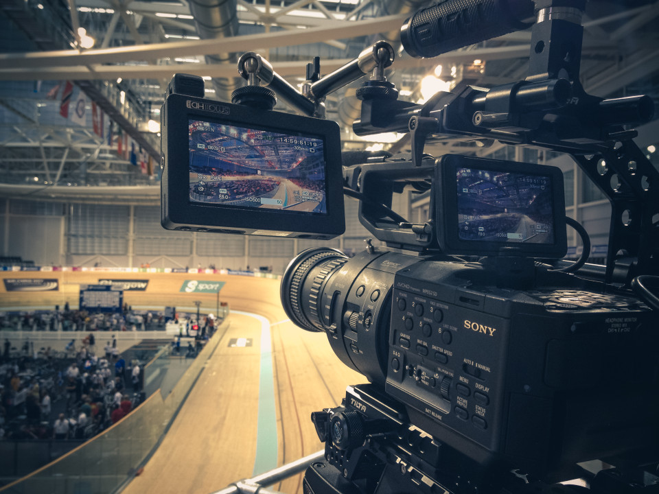 Preparing to get some slow motion film footage at the Chris Hoy Velodrome